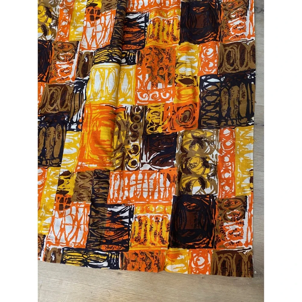 Vintage 60s Abstract Geometric Barkcloth Curtain Panel Orange Yellow Brown MCM